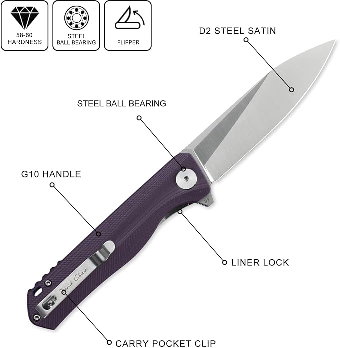 Petrified fish G10 handle D2 steel blade 2CR13 liner ball bearing flipper folding knife camping hunting EDC pocket tool PF818 (Purple, Satin)