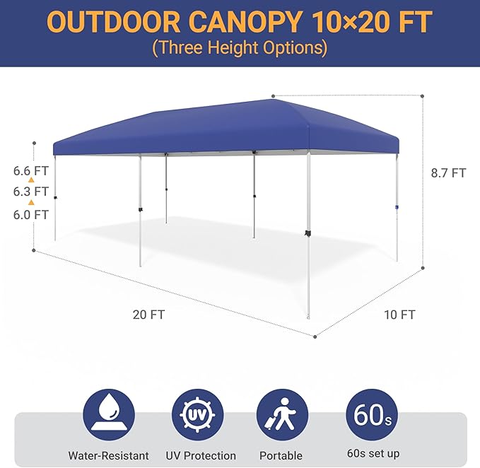 10x20 Pop Up Canopy - Instant Setup Beach Tent with Wheeled Carry Bag, 12 Sandbags & 6 Guy Lines, Portable Sun Shade for Camping, Events, Silver Coated Top, Blue