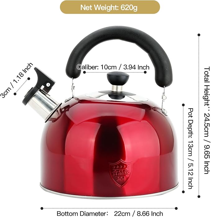 3.75 Quart/4L Whistling Tea Kettle,Stainless Steel Teakettle Teapot for Stovetop,Vintage Tea Kettles with Touch Ergonomic Handle(Red)