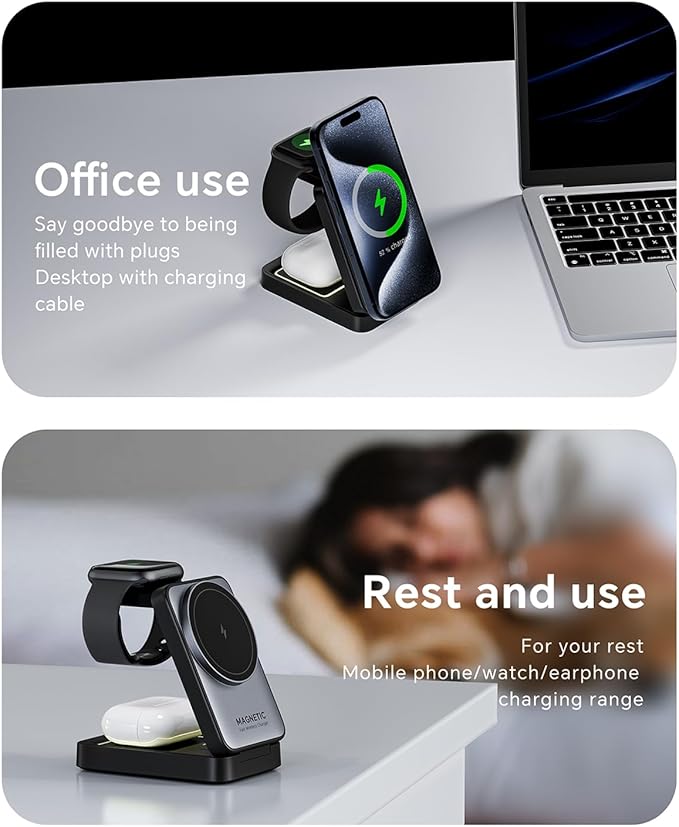 2025 Upgraded 3-in-1 Wireless Charger for iPhone,Travel Magnetic Charger Stand Nightlight Foldable Wireless Charging Station Compatible with Magsafe Charger&iPhone 16/15/14/13/12,Apple Watch&AirPods