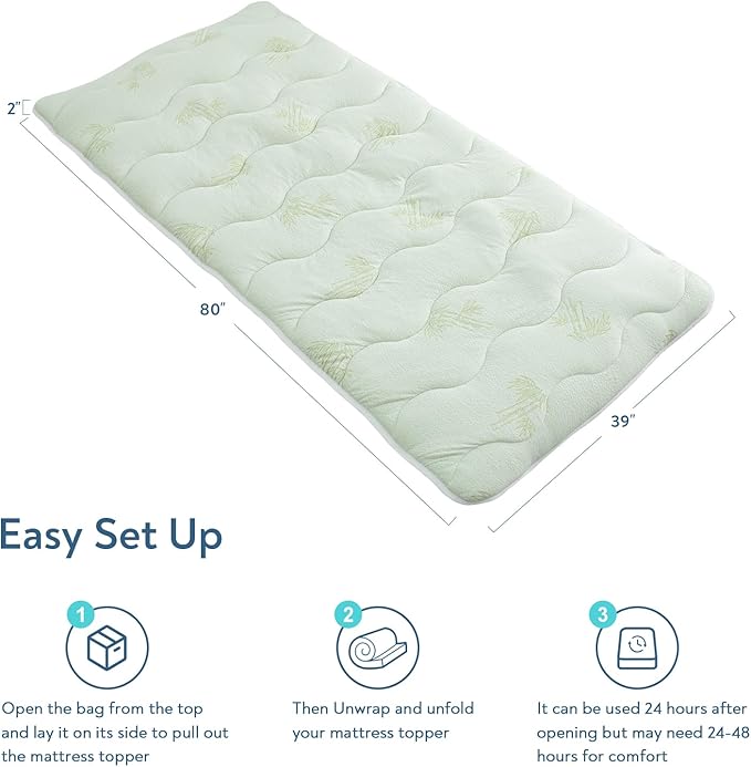 Viscose Twin XL Mattress Topper Pad, Dual Layer 2 Inch Cooling Thick Foam Mattress Topper Twin XL for College Dorm Room Essential, Non-Slip Mattress Pad, Light Green