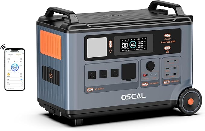 OSCAL PowerMax 6000 Solar Power Station, 120/240V Split Phase Voltage 6000W AC Outlets (7200W Peak), 3600Wh LFP Battery Generator, Expandable to 57.6kWh, 2200W/1.96H Fast Charging, Emergency for Home