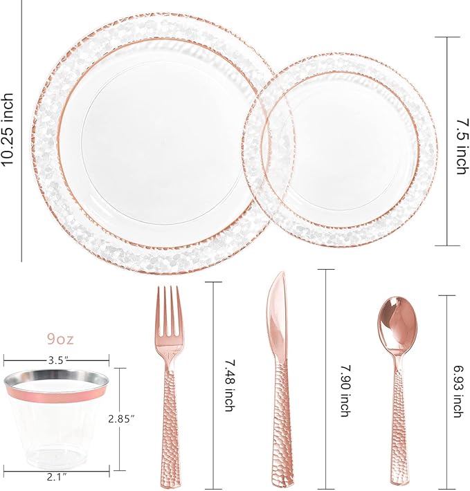 Ciaell 150PCS Rose Gold Plastic Plates – Disposable Plates with Rose Gold Plastic Silverware include 50Plates, 25Forks, 25Knives, 25Spoons, 25Cups for Wedding & Party