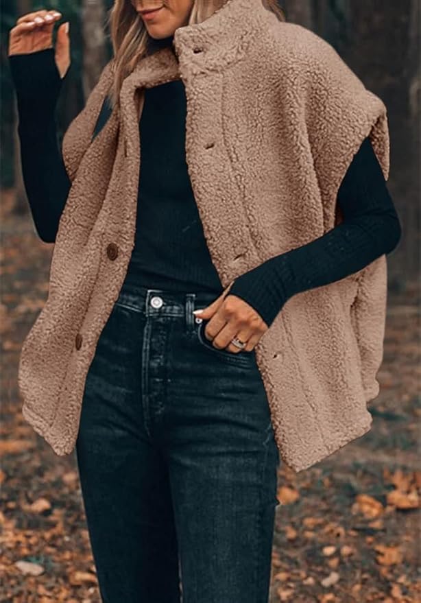 Hongqizo Womens Fuzzy Fleece Vest Casual Oversized Warm Button Down Sherpa Vest Jacket with Pockets