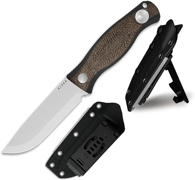 Kizer Polaris Fixed Blade Knife, 4.23" AEB-L Steel Camping Knife with Brown Black Micarta & Black G10 Handle, Survival Hunting Bushcraft Knives with Adjustable Sheath & Sharpener, 1100A3