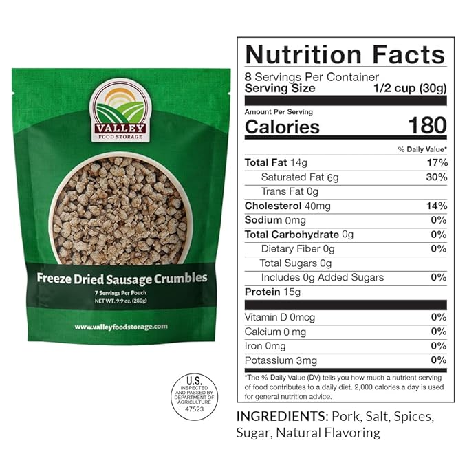 Freeze Dried Sausage Crumbles 10-Bag Bucket, 85 Oz | Premium Emergency Food Supply 25 Year Shelf Life | Prepper Supplies, Survival Food, Off Grid Living Supplies | Valley Food Storage Packaged in USA