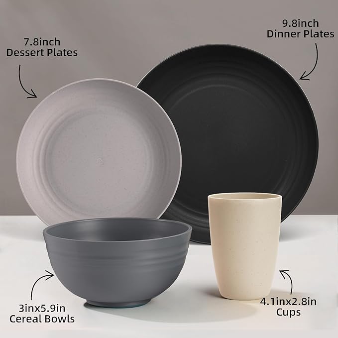 Wheat Straw Dinnerware Sets, 32Pcs Plastic Plates and Bowls Sets for 8, Unbreakable Reusable Wheat Straw Bowls Plates Cups Dishes Set, Dishwasher Microwave Safe, for RV Kitchen Camping