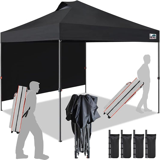 Eurmax USA NOMATTER ONE-Person Open&Close 10x10ft Pop Up Canopy Tent,Portable Shelter Canopy for Outdoor Events with 1 Removable Sidewall,Instant Canopies,Temporary Sunshade,Bonus 4 Sand Bags(Black)