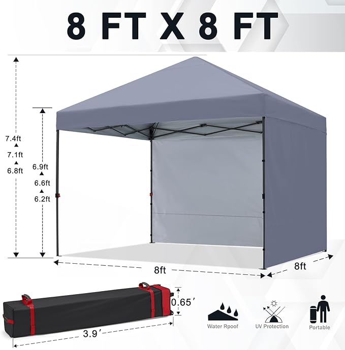 COOSHADE Pop Up Canopy Tent 8x8 with 2 Sidewalls, Outdoor Shade Instant Canopy Tents(Grey)