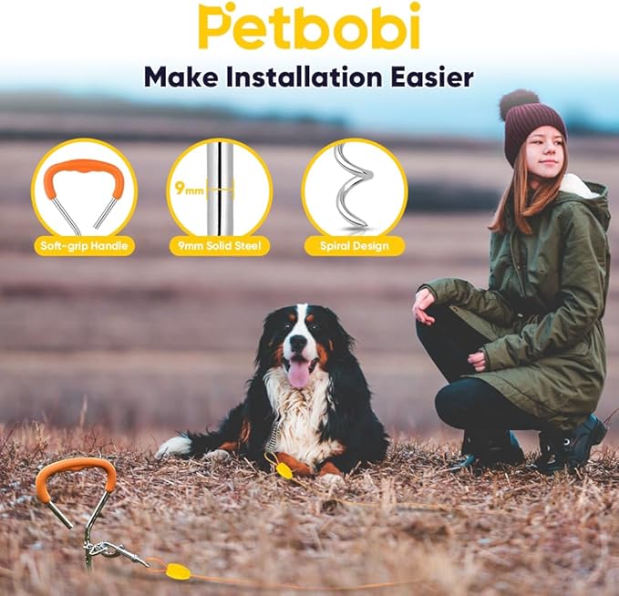 Petbobi Dog Tie-Out Cable and Stake - 50ft Heavy Duty Cable with Spring, No Tangle, 16in Ground Stake, Ideal for Yard, Camping and Beach, Suitable for Small Medium Large Dogs Up to 120 lbs, Orange