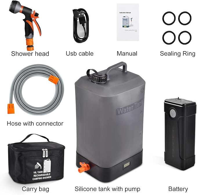 4.5 gallon/16L Silicone Water Tank,Portable Outdoor Shower,Electric Shower,8 Types of Multifunctional Shower Heads,Using Solar Heating Temperature Display,Suitable for Camping,Beach,and Hiking