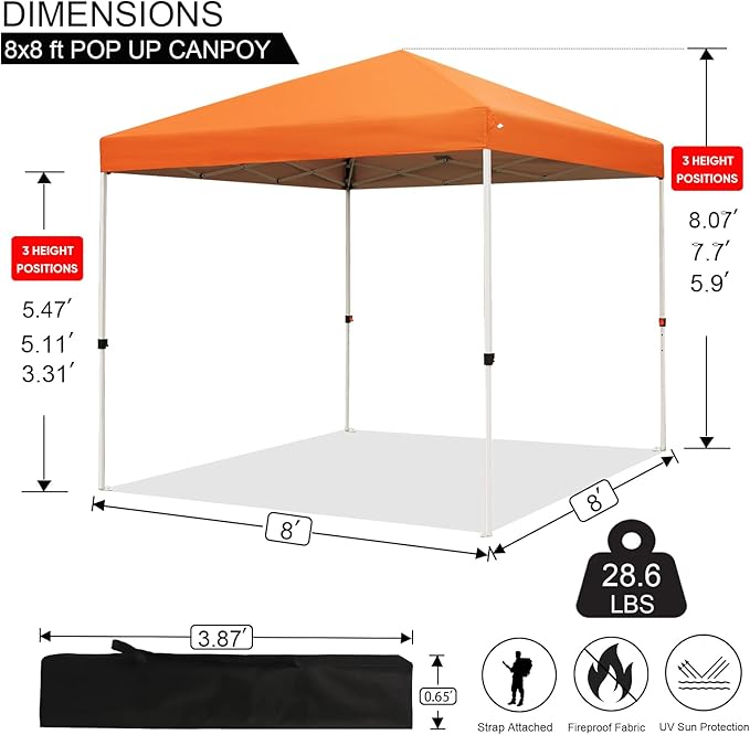 Northroad 8X8 FT Pop Up Canopy, Outdoor Instant Canopy Tent Slant Legs with Carrying Bag, Portable Gazebo Shelter for Wedding Party,Commercial Event,Patio,Garden,Beach -Orange