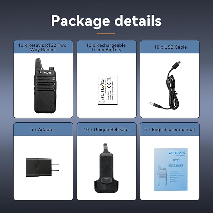 Retevis RT22 Walkie Talkies Rechargeable,Long Range Two Way Radio,2 Way Radio for Adults, Handsfree VOX Mini, for Business Office School Church Restaurant Retail(Black,10 Pack)