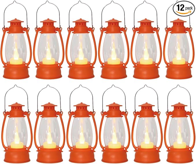 12Pcs Orange Mini Lanterns for Fall Halloween Thanksgiving & Western Camping Decor – Small Lantern Decorative for Table Centerpiece, Hanging Ornaments for Christmas Wedding & Cowboy Party