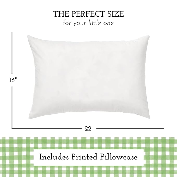 Little Sleepy Head Youth Pillow with Pillowcase 16x22, Soft Jumbo Toddler Pillows, Hypoallergenic Pillow Case - Best Kids Pillows for Sleeping, Perfect Kids Travel Pillows (Gingham Green)