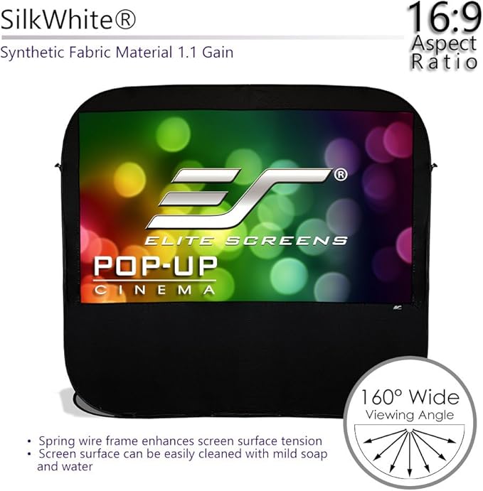 Elite Screens, Pop-Up Cinema 92-inch 16:9, SilkWhite 1.1 Gain, Portable Outdoor, Fast Folding Projector Screen, US Based Company 2-Year Warranty