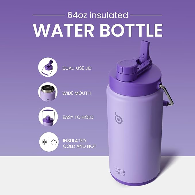 BOTTLE BOTTLE Insulated Water Bottle 64 oz with Straw and Dual-use Lid Half Gallon Water Jug Vacuum Stainless Steel for Workout Sports Insulated Beer Growler with Handle and Pills Holder Purple