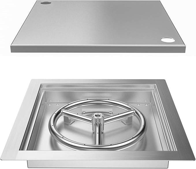 Skyflame 12 inch Square Stainless Steel Drop in Fire Pit Burner Pan with Burner Ring and Protective Cover, Outdoor DIY Firepit Kit for Both Natural Gas and Liquid Propane