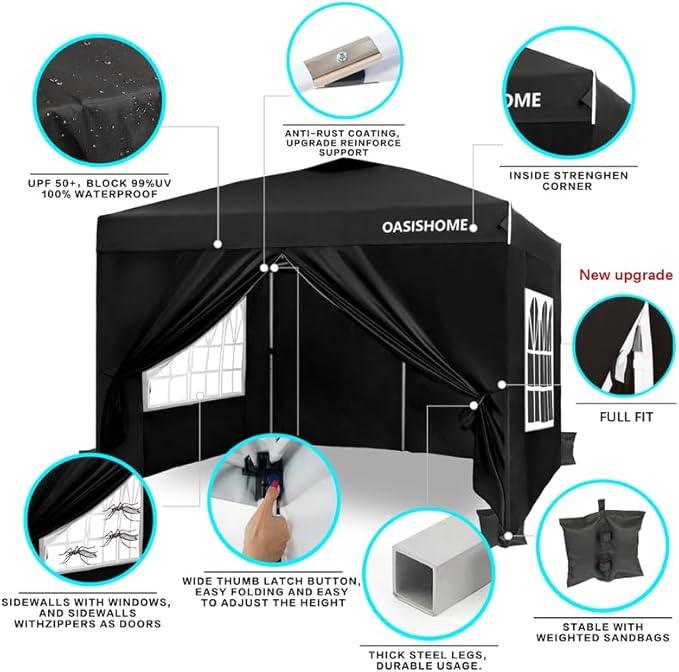 OASISHOME Pop-up Gazebo Instant Portable Canopy Tent 10'x10', with 4 Sidewalls, Windows, Wheeled Bag, for Patio/Outdoor/Wedding Parties and Events (10FTx10FT, Black)