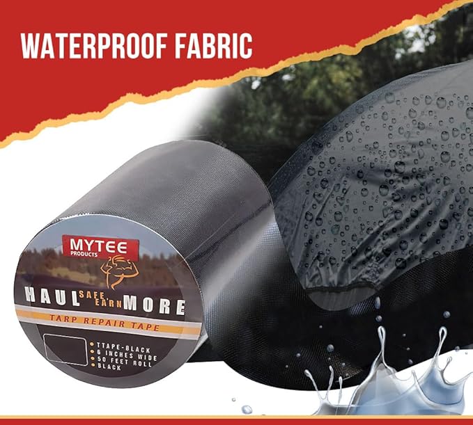 Mytee Products 8.8 oz Waterproof Black Vinyl Tarp Repair Tape 6 Inch x 50 FT with Heavy Duty Adhesive Backing - Tarp Patch Kit, Tarp Repair Kit