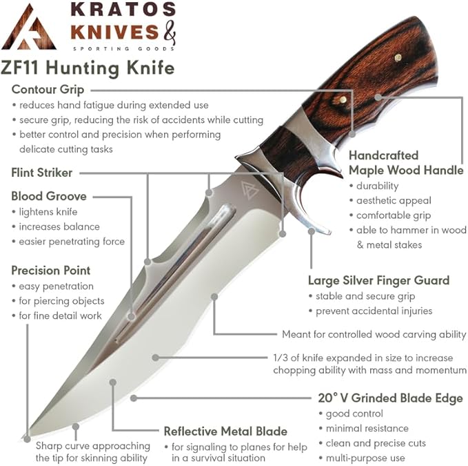Kratos Hunting Knife with Sheath, 12.2" Survival Knife Full Tang Knife, 440 Stainless Steel Fixed Blade Hunting Knives with Wood Handle ZF11