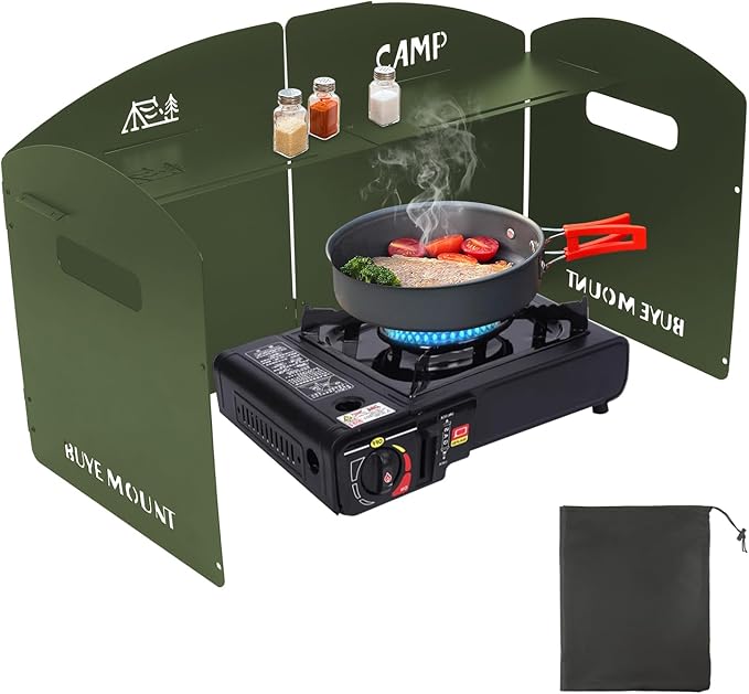 Camping Stove Windscreen Outdoor Windshield: GEEKHOM 4-Panel Steel Foldable Wind Blocker with Drawstring Bag for Gas/Butane Stoves – Lightweight for Hiking, Picnic & Backpacking, Cooking