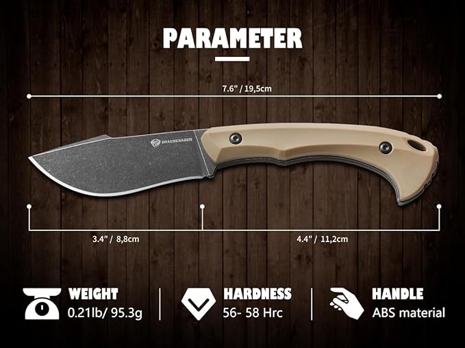 Survival Knife with Fire Starter L-Y, 7.68" Full Tang Small Fixed Blade Knife with Belt Clip, Khaki + Stonewashed Black
