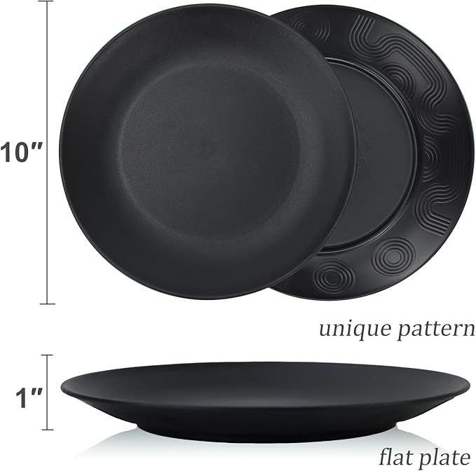 Wheat Straw Dinner Plates 10 Inch Unbreakable Set of 8 - Dishwasher & Microwave Safe Plastic Plates Reusable - Lightweight Plates for kitchen,camping,salad,appetizer - Pure Black