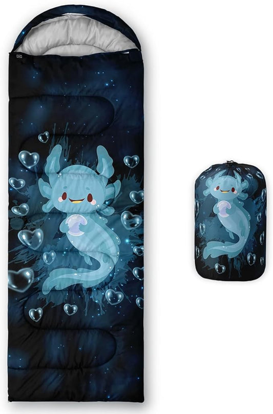 HOSIMA Cartoon Axolotl Sleeping Bags for Kids 10-12,Blue Cartoon Kids Sleeping Bags for Girls Boys,Compact Sleeping Bag for Camping Essentials and Hiking.