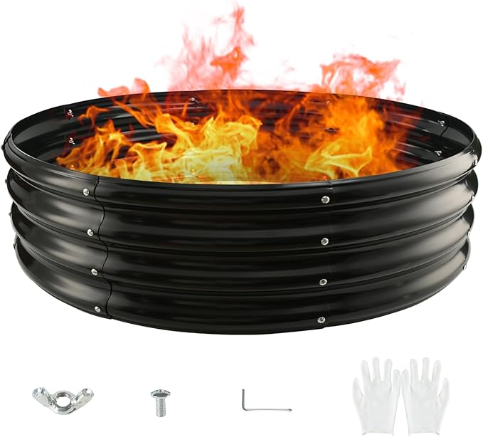 Round Galvanized Steel Fire Ring/Fir Pit for Outdoor,Durable Round Galvanized Steel Raised Garden Bed for Planting - 4×4×1FT,0.8MM Thick Black (47 ins Diameter x 12 ins high, Black)