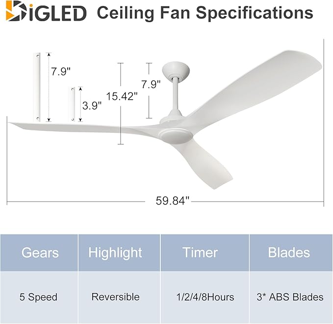 3 Blades Ceiling Fans with Light: White Ceiling Fans with Reversible DC Motor 5 Speed - 60 Ceiling Fan with Remote for Indoor Outdoor Covered Patios