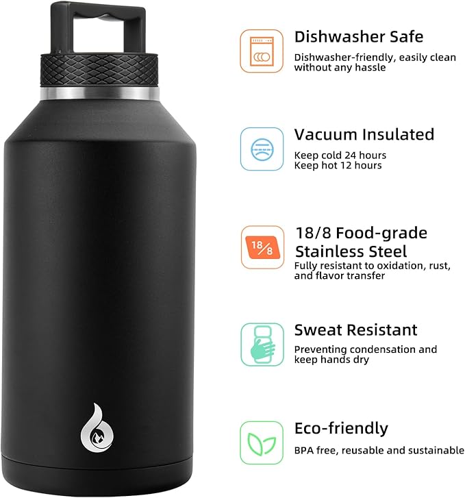 BJPKPK Half Gallon Water Bottle Insulated, Dishwasher Safe 64 oz Water Bottle with Handle, Leakproof BPA Free Water Jug, Large Stainless Steel Thermo for Sports, Black