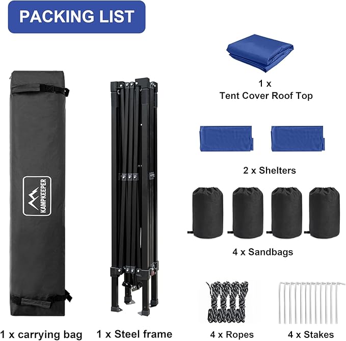 KAMPKEEPER 10x10 Pop Up Canopy Tent with 2 Sidewalls, Beach Tent - Easy Outdoor Sun Shade for Events, Parties, Camping - Gazebo with 4 Weight Bags & Carry Bag.(Navy Blue)