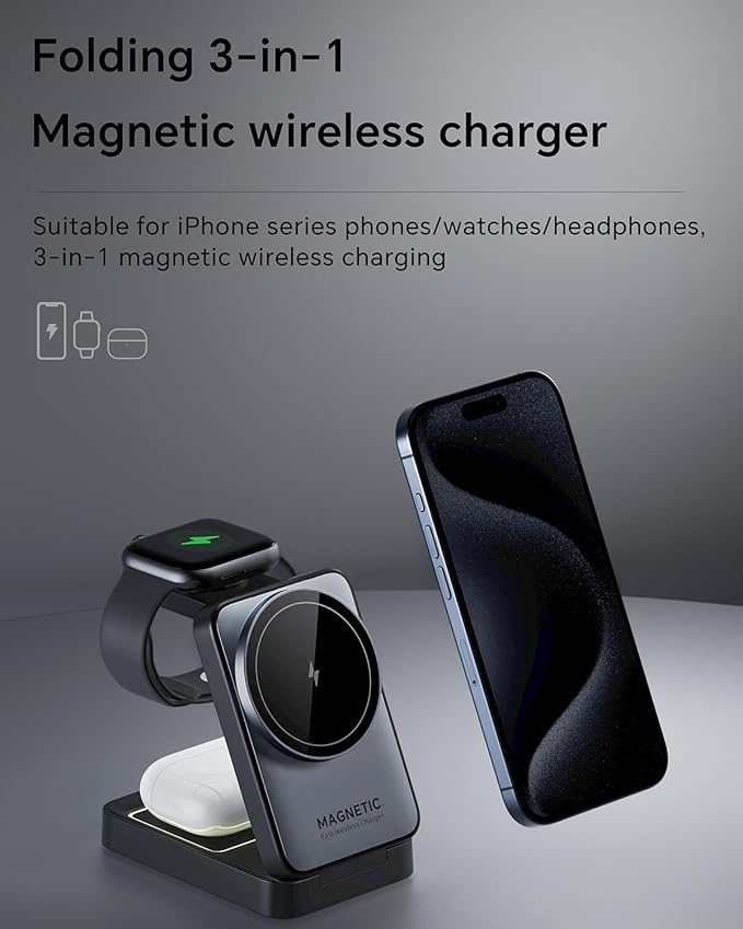 2025 Upgraded 3-in-1 Wireless Charger for iPhone,Travel Magnetic Charger Stand Nightlight Foldable Wireless Charging Station Compatible with Magsafe Charger&iPhone 16/15/14/13/12,Apple Watch&AirPods