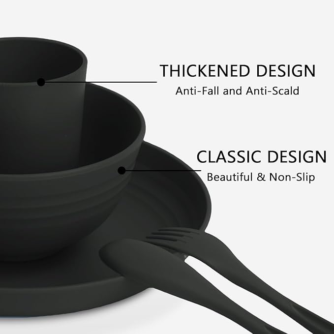 Wheat Straw Dinnerware Sets for 4, Unbreakable Kids Plates and Bowls Sets 20 PCS, Alternatives Reusable Plastic Dinnerware Set, Microwave Safe Kitchen Dish Set for Dorm, Camping (Black)