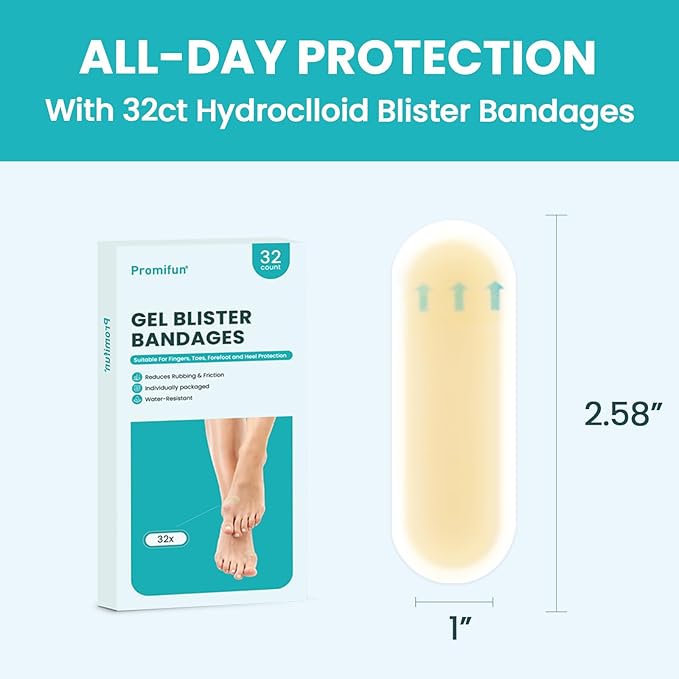 Waterproof Hydrocolloid Blister Bandages - Gel Pads for Foot, Toe Healing & Prevention (32ct, Spot Pack)