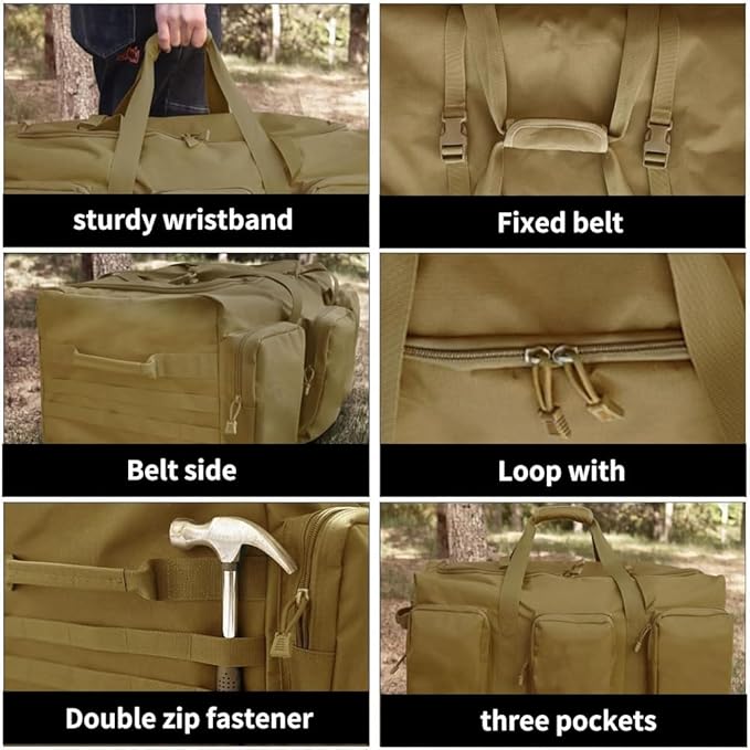 Large Military Travel Duffle Bag Tactical Camping Storage Utility Tote Bag Camping Kitchen Organizer with Deployment Cargo Bag Travel Sports Equipment (Khaki, Large 25.59"x13.78"x13.78")
