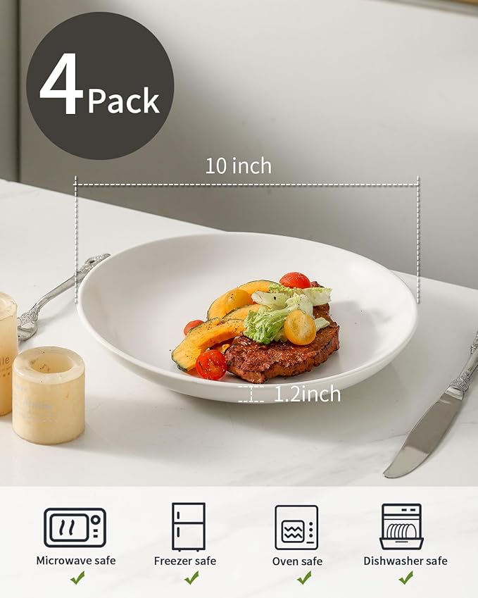 Dinner Plates, 10 Inch Stoneware Plates Set of 4, Ceramic Dinner Dishes for Salad, Pasta, Steak, Pancakes, Scratch Resistant Plate Set, Microwave & Dishwasher Safe, Matte White