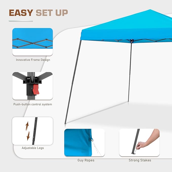 EAGLE PEAK 10x10 Slant Leg Easy Setup Pop Up Canopy Tent with Mosquito Netting 64 sqft of Shade, Light Blue