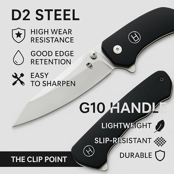 Holtzman's Gorilla Survival - The Clip Point Folding Pocket Knife (Black+Orange) - D2 Steel Blade - Tactical EDC Knife with G10 Handle & Pocket Clip