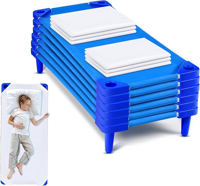 12 Pcs Stackable Daycare Cots for Kids with Sheets 54 l x 23 W T Kids Cots Furniture Bed Frames Headboards Footboards for Sleeping and Daycare (Blue)