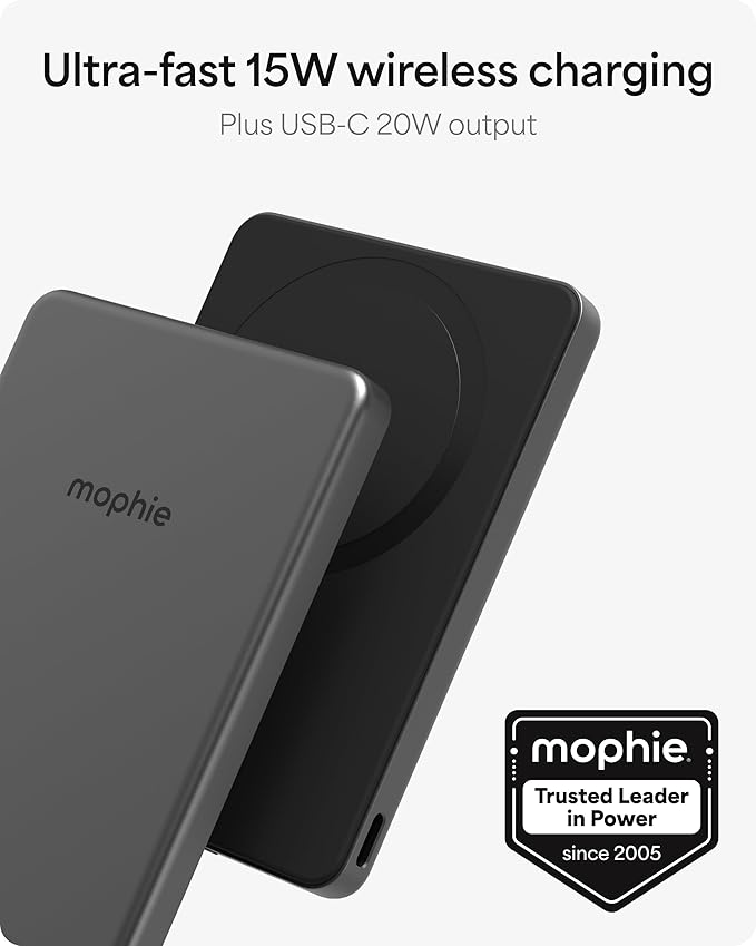 Mophie Powerstation Wireless Slim 5,000mAh Power Bank – MagSafe Compatible, 15W Qi2-Certified, 20W USB-C PD Fast Charging, Ultra-Thin Battery Pack for iPhone, Android, Travel & Airplane Use