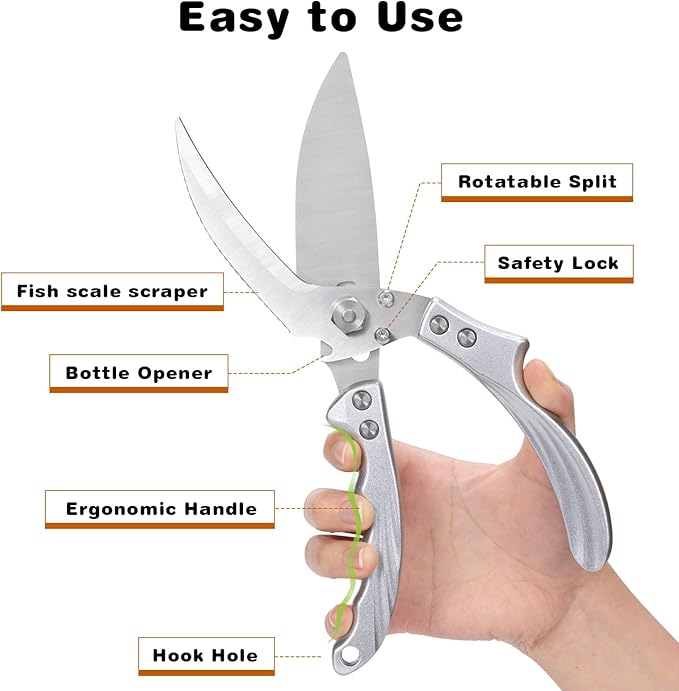 Kitchen Shears for food - Heavy Duty Kitchen Scissors Stainless Steel Poultry Shears for Meat Bones Seafood, All Purpose Food Scissors, Detachable Blades, Ergonomic Handle, Dishwasher Safe Silver
