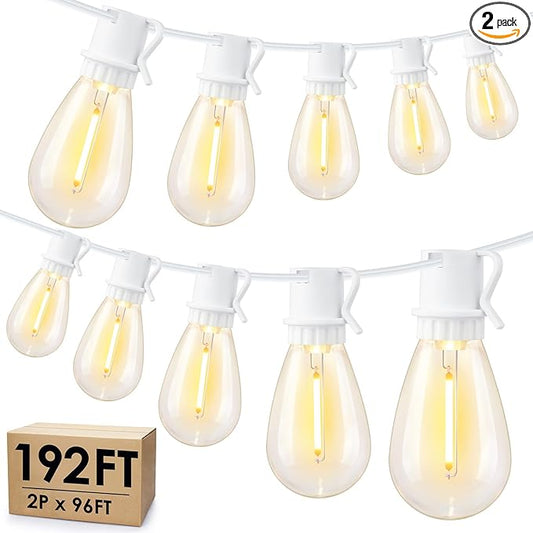 192FT(2x96FT) LED Outdoor String Lights, Linkable Patio Light with 60+3 2700K Waterproof Dimmable Hanging Bulbs for Pergola Cafe Wedding-White
