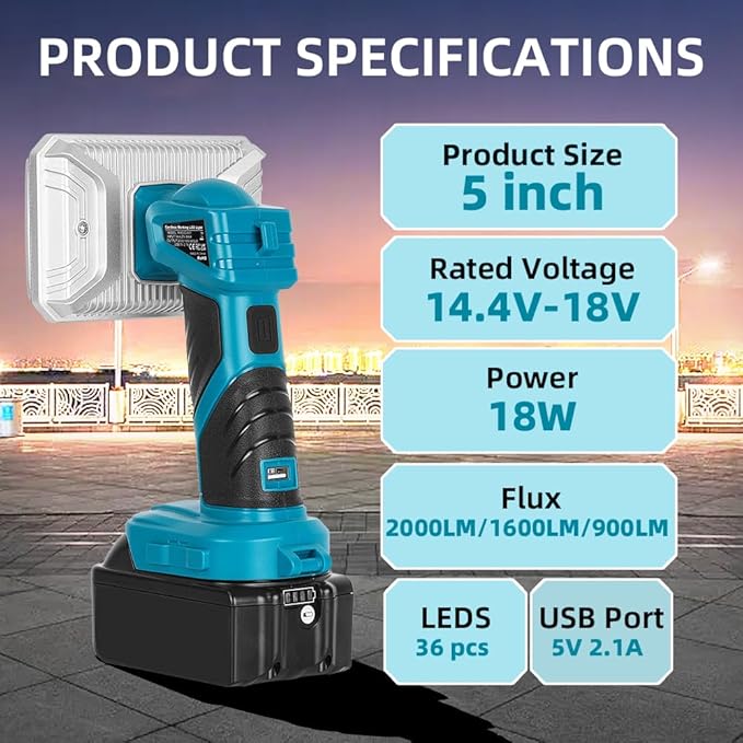 18W Cordless 2000LM LED Flashlight for Makita 18V Lithium-ion Battery, 5" Zinc Alloy Handheld Work Light with USB Charger Port for Camping, Hiking, Climbing, Job Site, Indoor & Outdoor Use