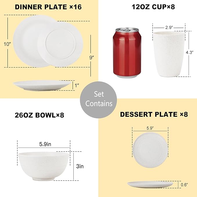 40 PCS Premium Wheat Straw Dinnerware Sets for 8, Unbreakable and Lightweight Dinner Plates,Microwave Safe Plates and Bowls Sets for Kitchen,Picnic and Party,Cereal & Salad Bowls,Water Glasses(Beige)