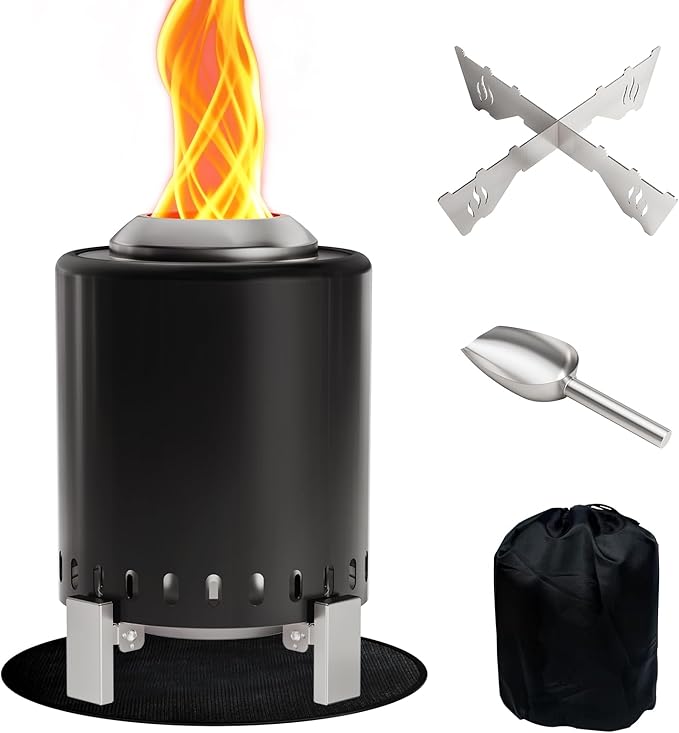 Mini Smokeless Tabletop Fire Pit with Pan Stand, Portable Stainless Steel Firepit Stove for Camping, Burns Pellets or Wood, Includes Travel Bag, Black