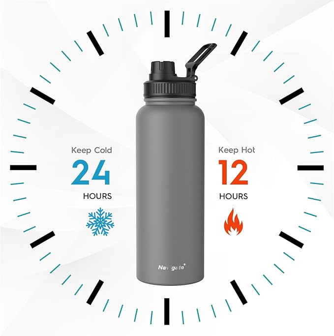Navigate 40 oz Insulated Stainless Steel Sports Water Bottle with Spout & Handle Lids,Wide Mouth Water Jug with Double Walled Leak Proof Keep Cold for 24 Hrs Hot for 12 Hrs,Grey