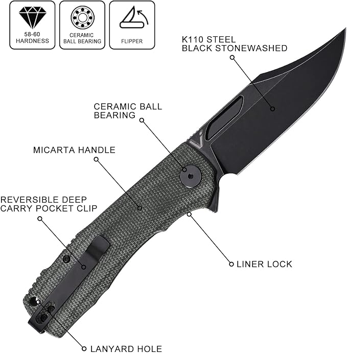 Petrified fish PFP03 Victor,3.58" K110 Satin Blade,140g Micarta Handel Flipper Liner lock Folding knife (Green Dark Stonewashed)