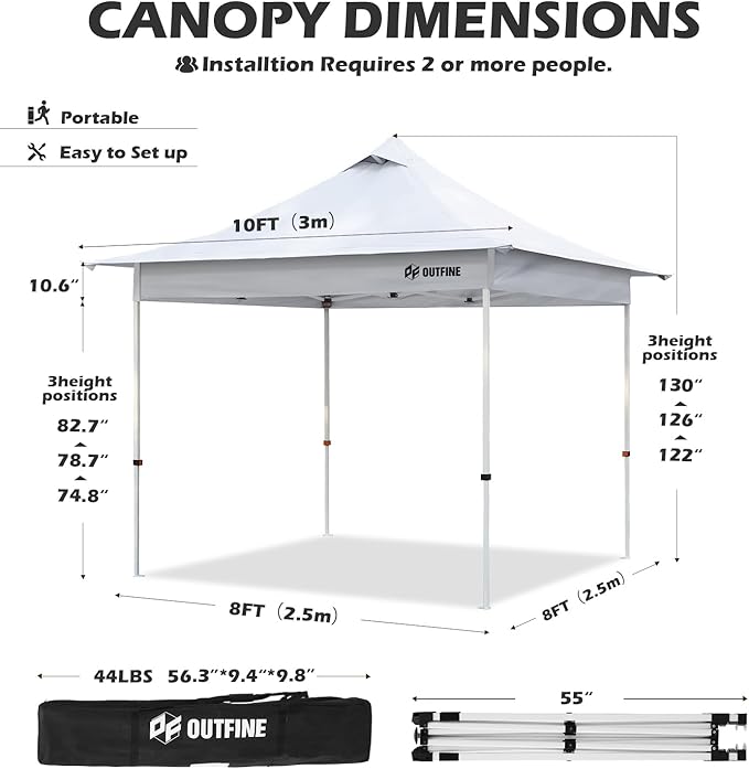 OUTFINE 10×10 Pop Up Canopy-Heavy Duty Canopy Tent with Sturdy Metal Frame(8×8 Base), Carrying Bag, Sandbags×4,Tent Stakes×8 for Events,Camping&Parties(White,10 * 10FT)